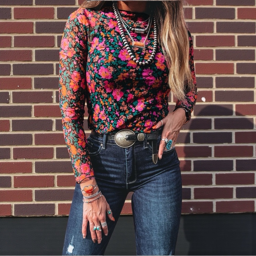Slim Fit Floral Mesh Long Sleeve Top Mock Neck